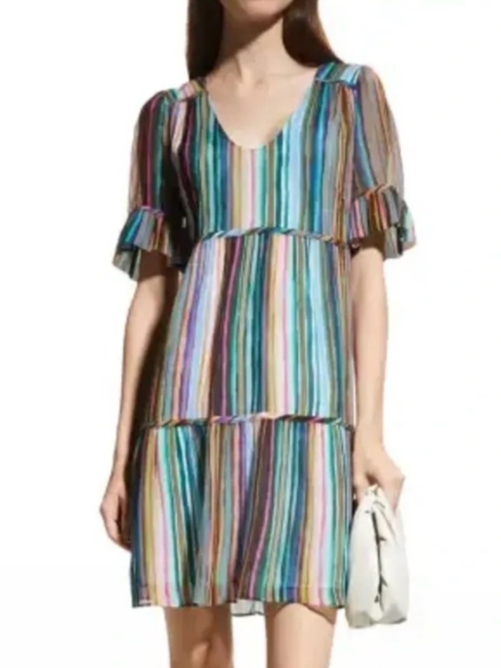 Marie Oliver Vanessa Striped Tiered Dress Flutter Sleeve Colorful Size S